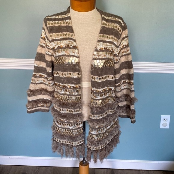 Chico’s Greta Cardigan textured sequins eyelash open front sweater. Chico’s Sz 2 - Picture 1 of 9